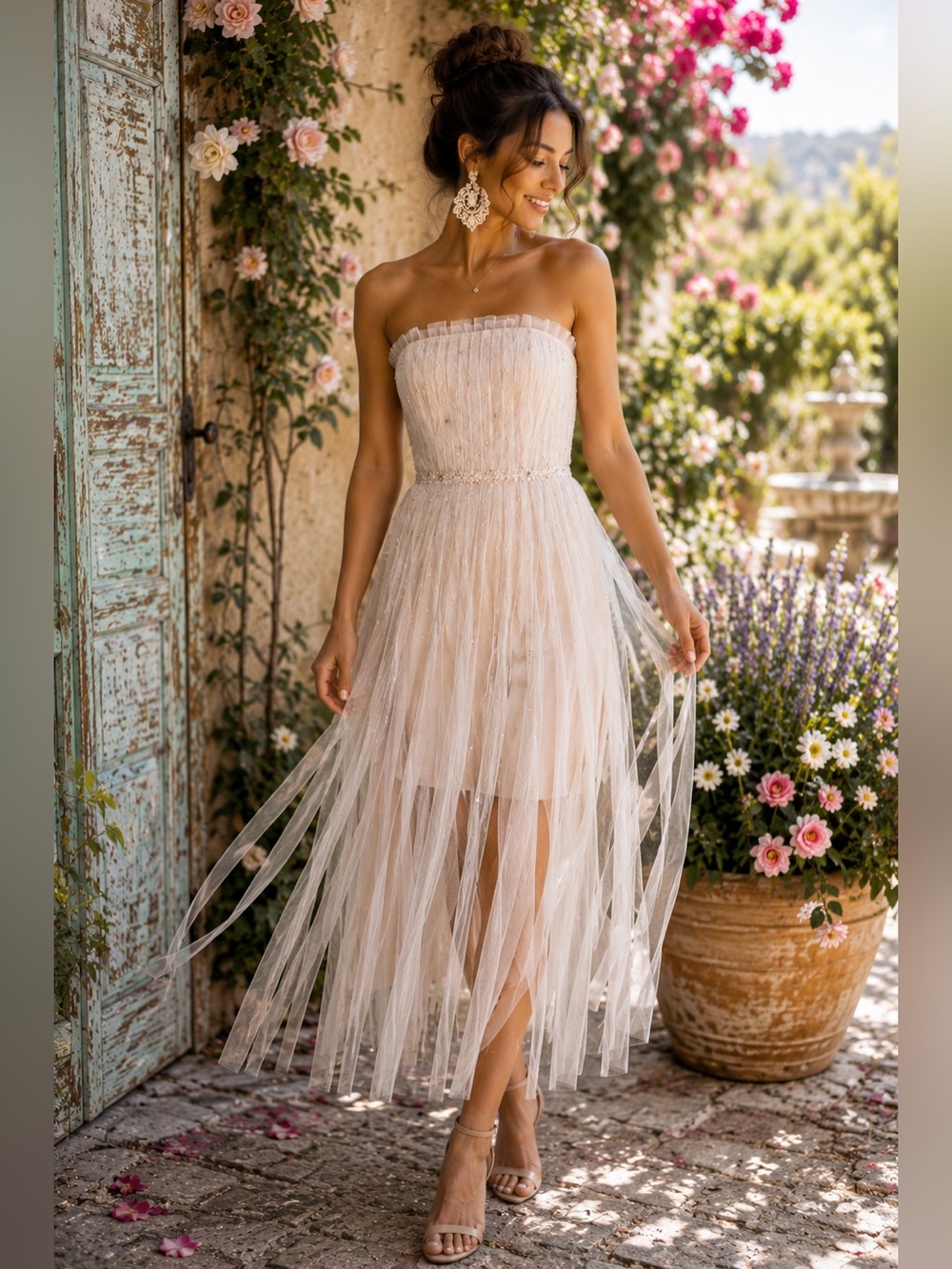 Dance In Paris Ivory Rhinestone Tulle Fairycore Midi Dress M